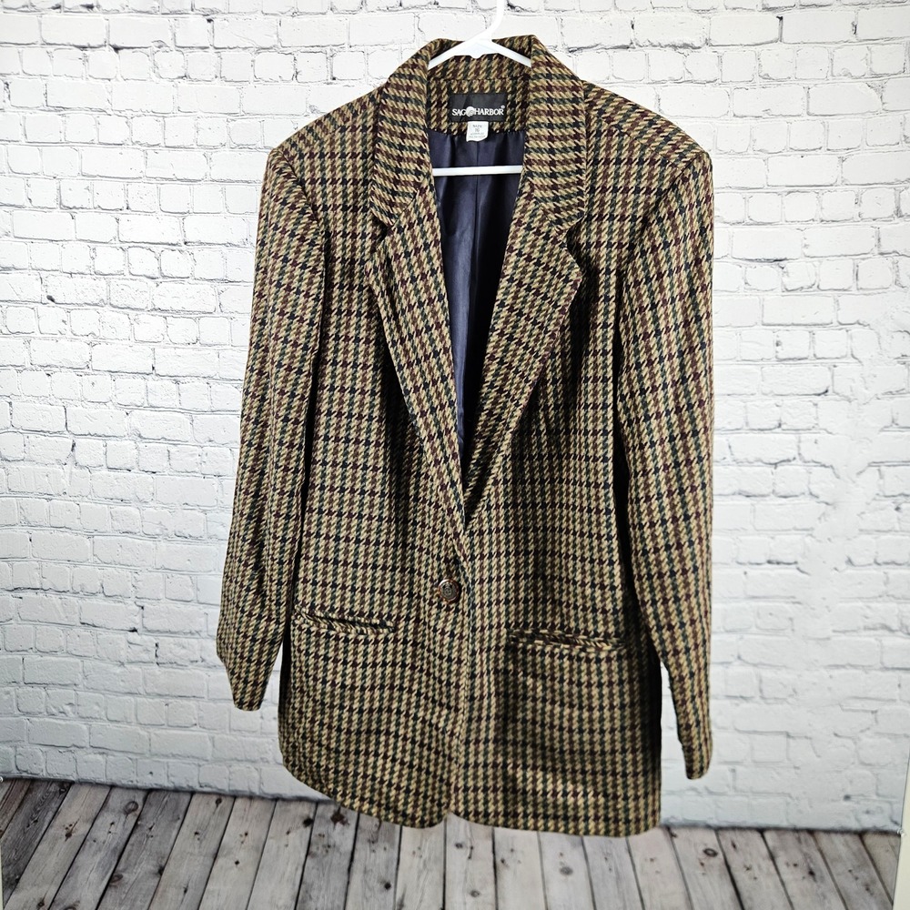 Sag Harbor Vintage Wool Blend Houndstooth Blazer Jacket Green Burgundy 16